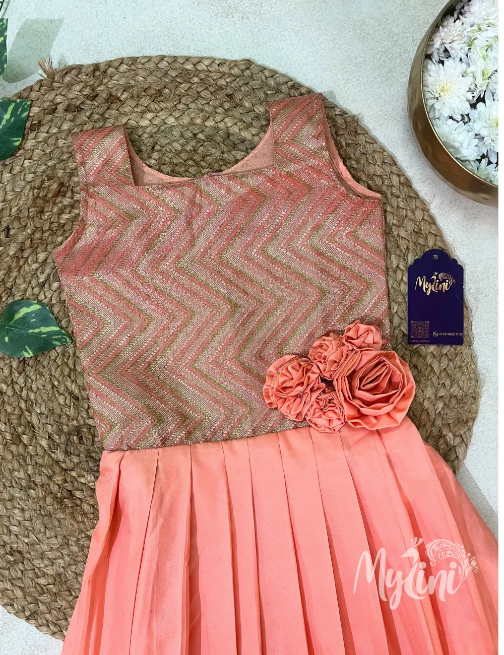Peach Pleated Traditional Dress - mylini