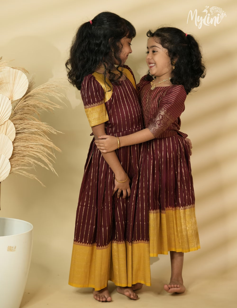 Mysore silk frock -  Maroon and Mustard Yellow - mylini