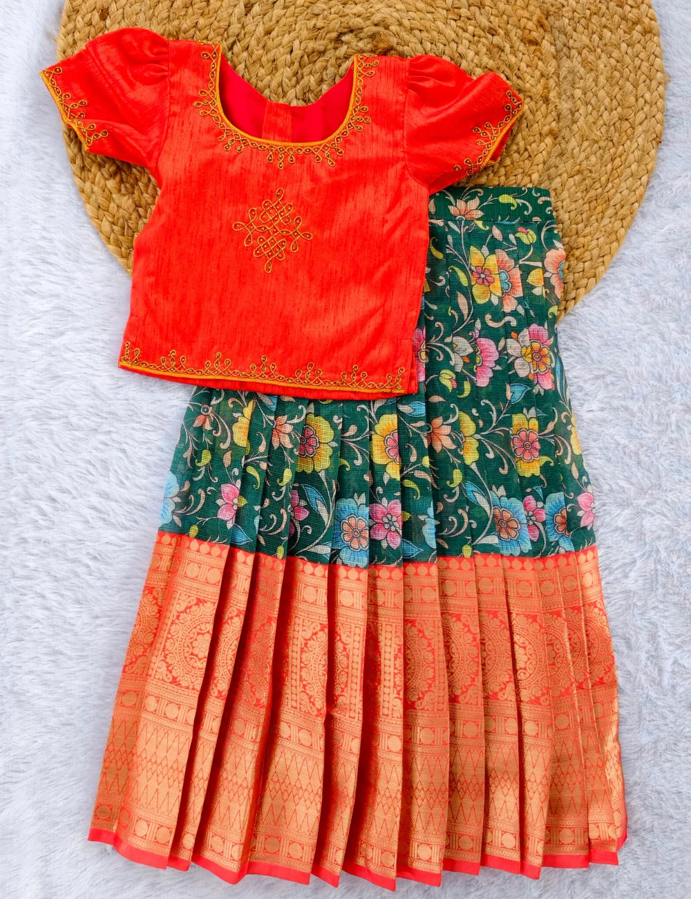 Red & Emerald Green  Girls Pattupavadai Set - mylini