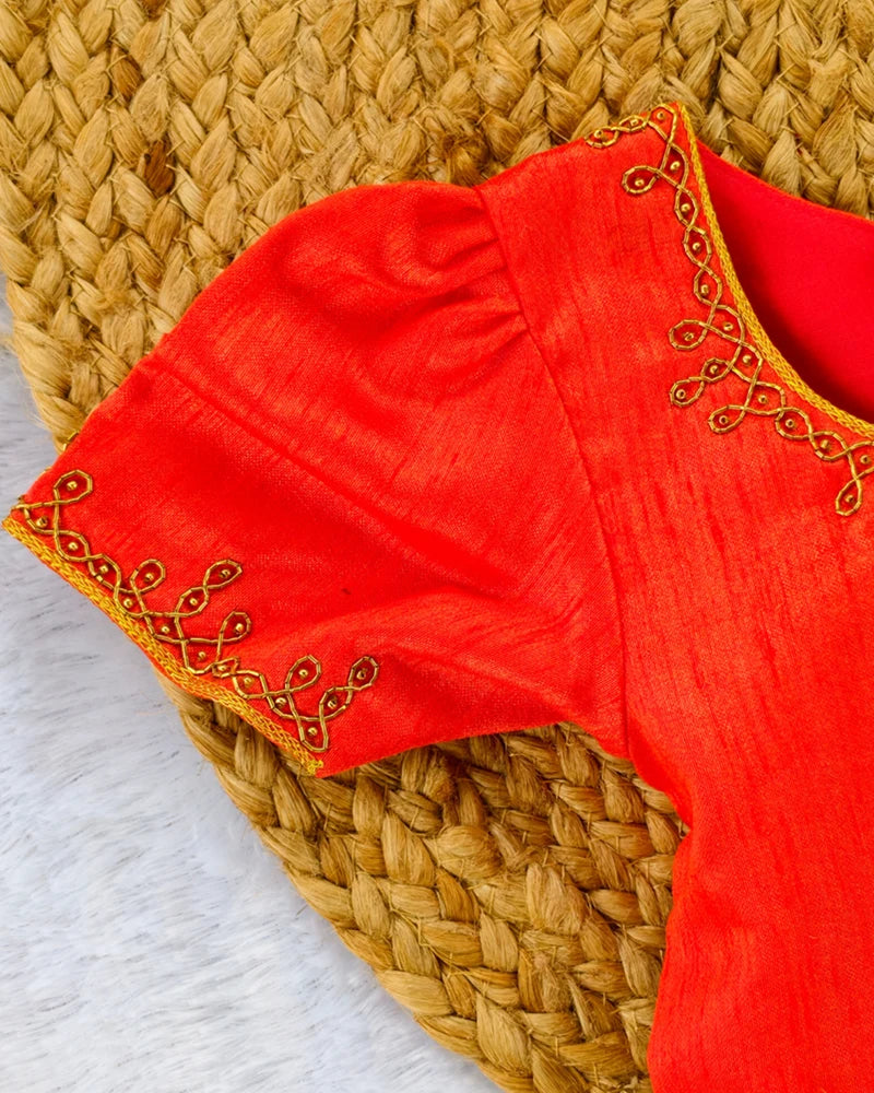 Red & Emerald Green  Girls Pattupavadai Set - mylini