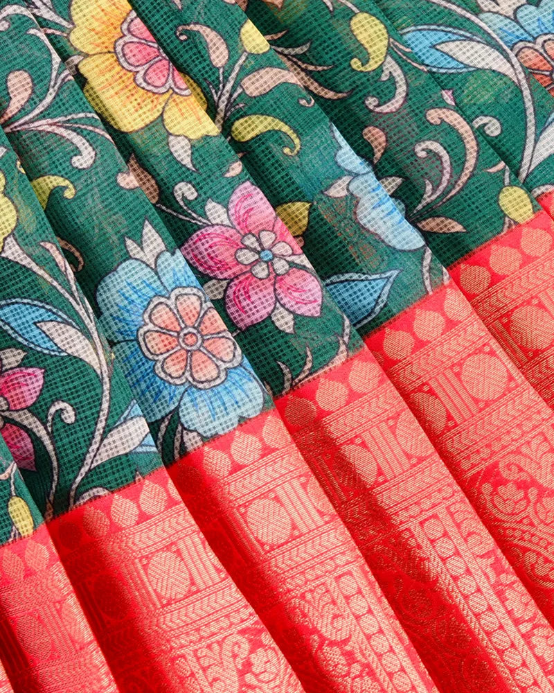 Red & Emerald Green  Girls Pattupavadai Set - mylini