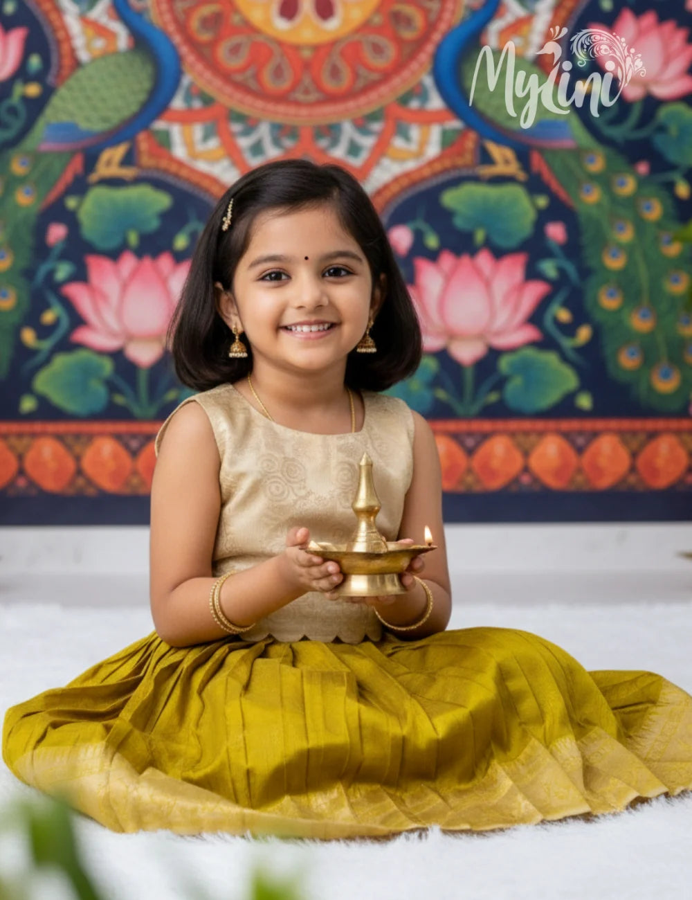 Young girl in a beige top and green skirt standing in a decorated indoor setting.