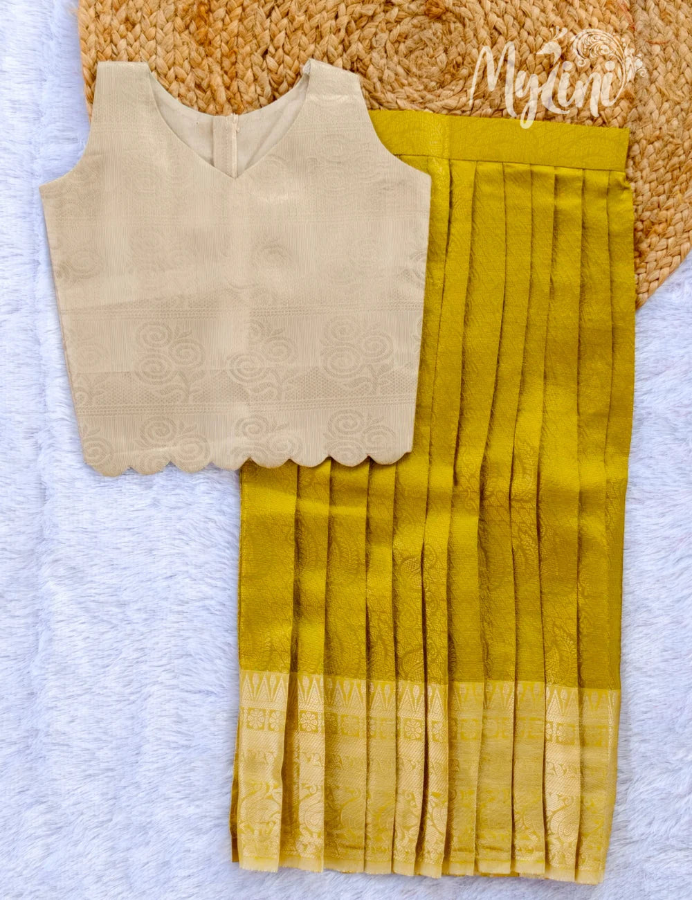 Cream & Mustard Girls Pattupavadai Set - mylini