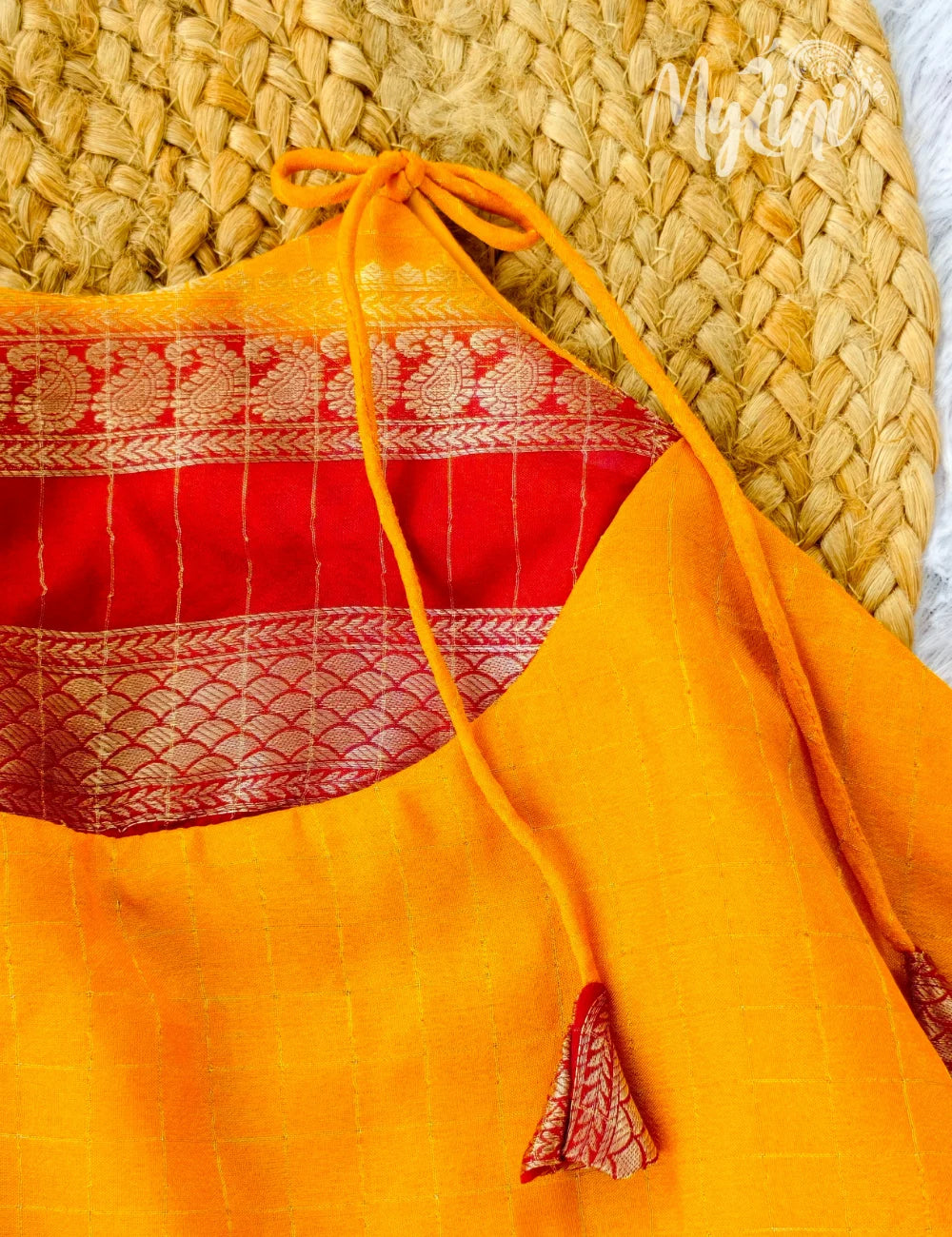 Mango Yellow & Red Mysore Silk Baby Frock | Traditional Tie-Up Dress for Girls - mylini
