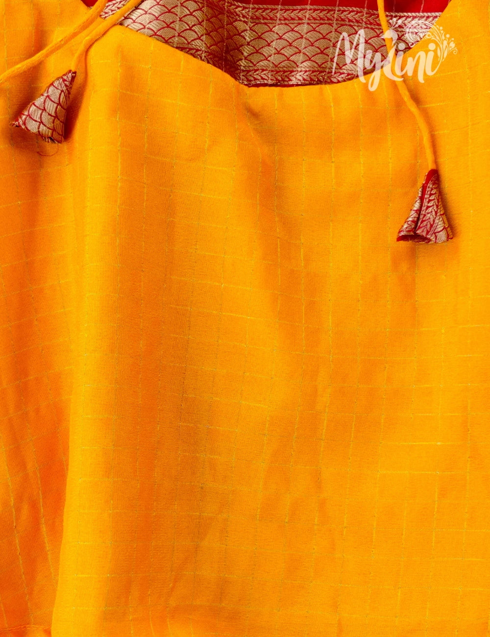 Mango Yellow & Red Mysore Silk Baby Frock | Traditional Tie-Up Dress for Girls - mylini