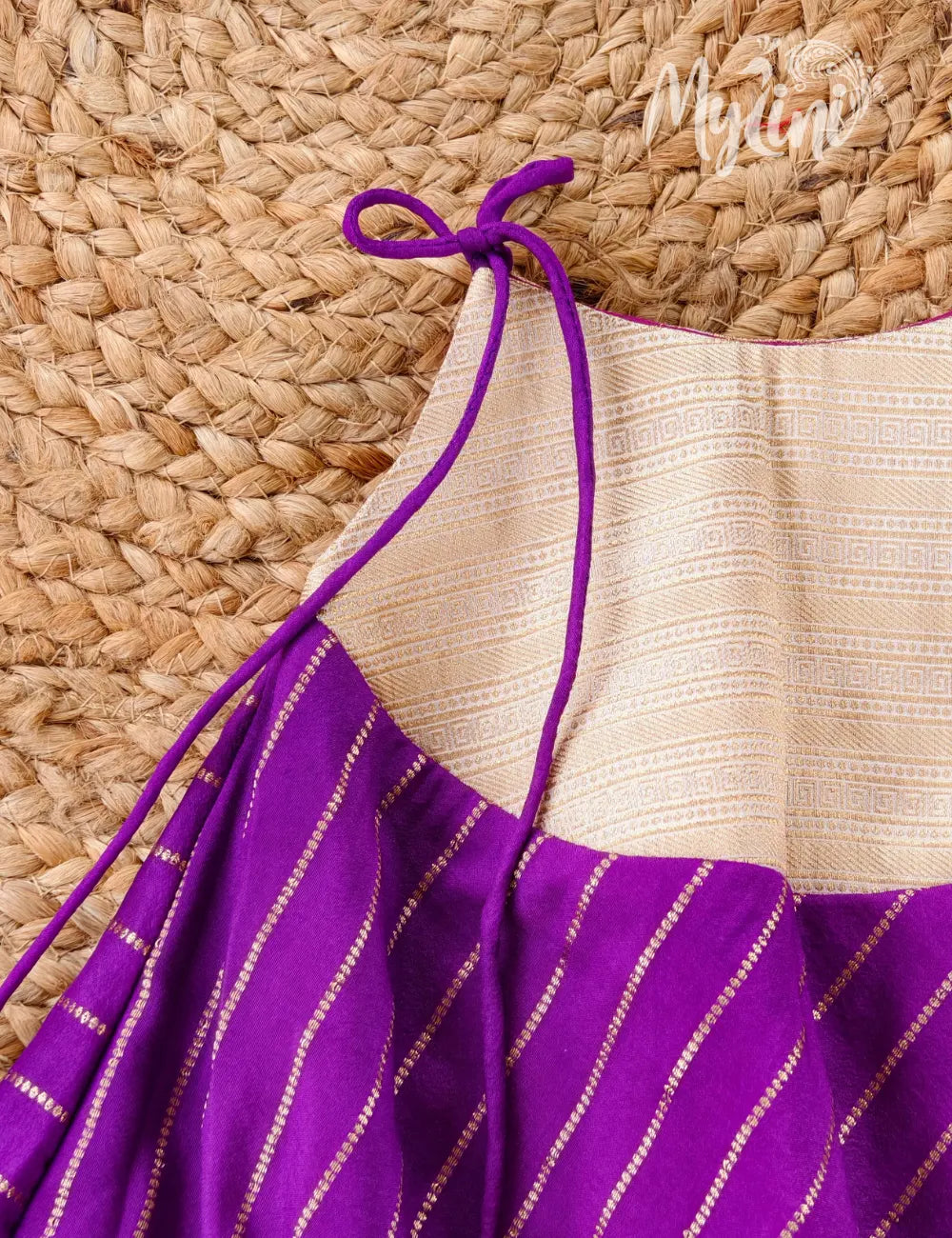 Purple & Gold Mysore Silk Baby Girl Traditional Frock | Tie-Up Festive Dress - mylini