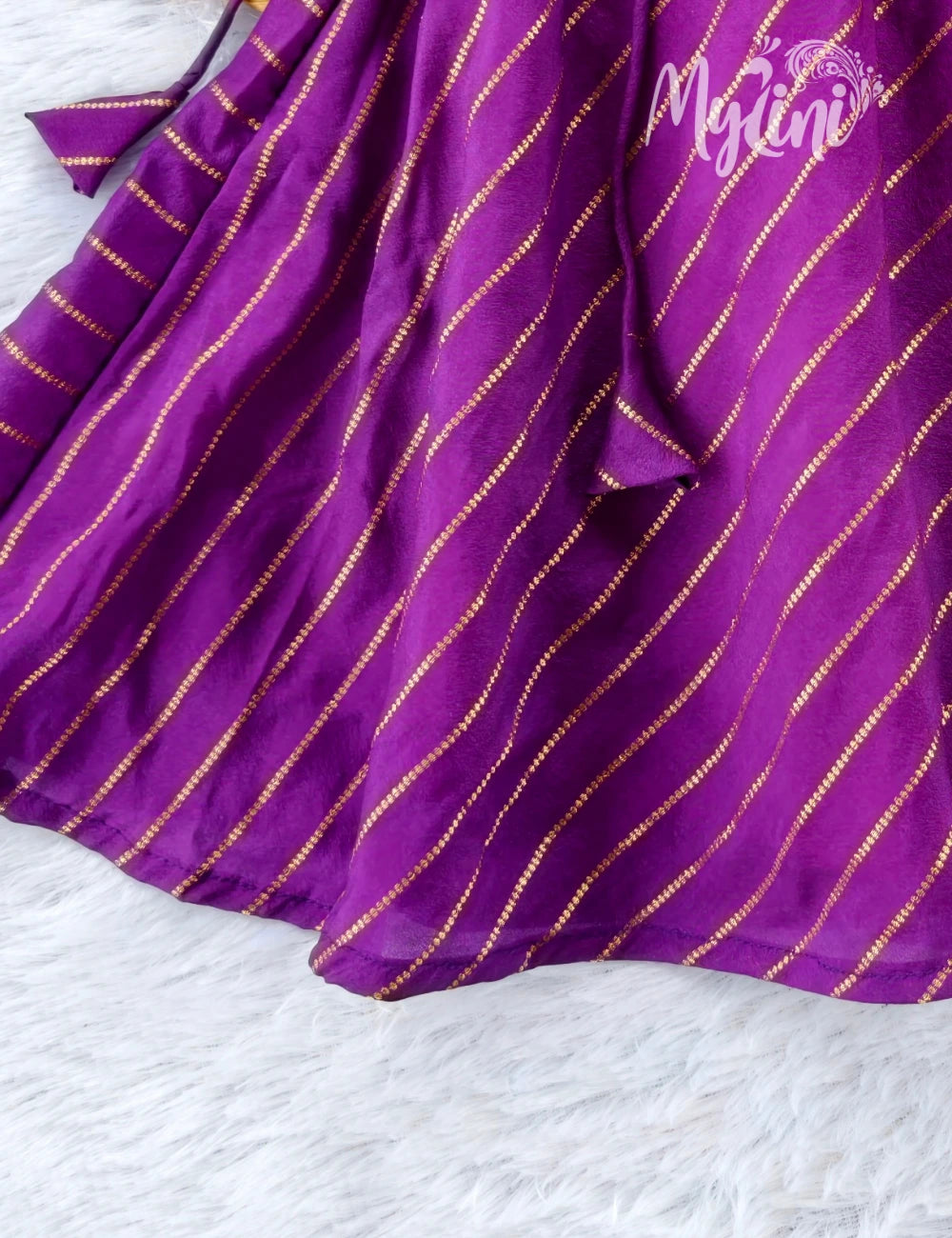 Purple & Gold Mysore Silk Baby Girl Traditional Frock | Tie-Up Festive Dress - mylini