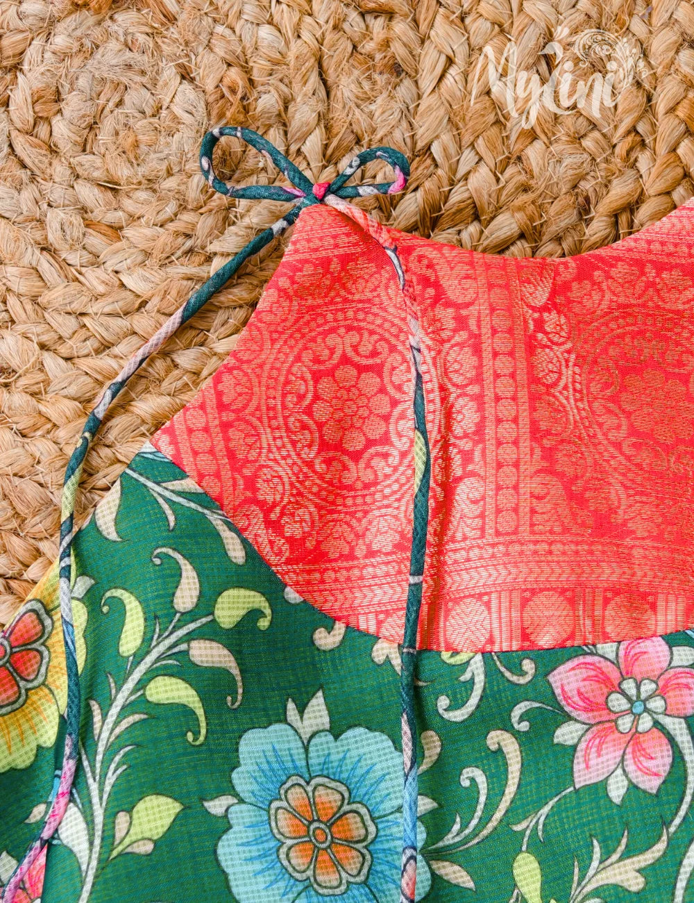 Green Floral Kalamkari Baby Girl Traditional Dress with Kanjivaram Border | Tie-Up Frock - mylini