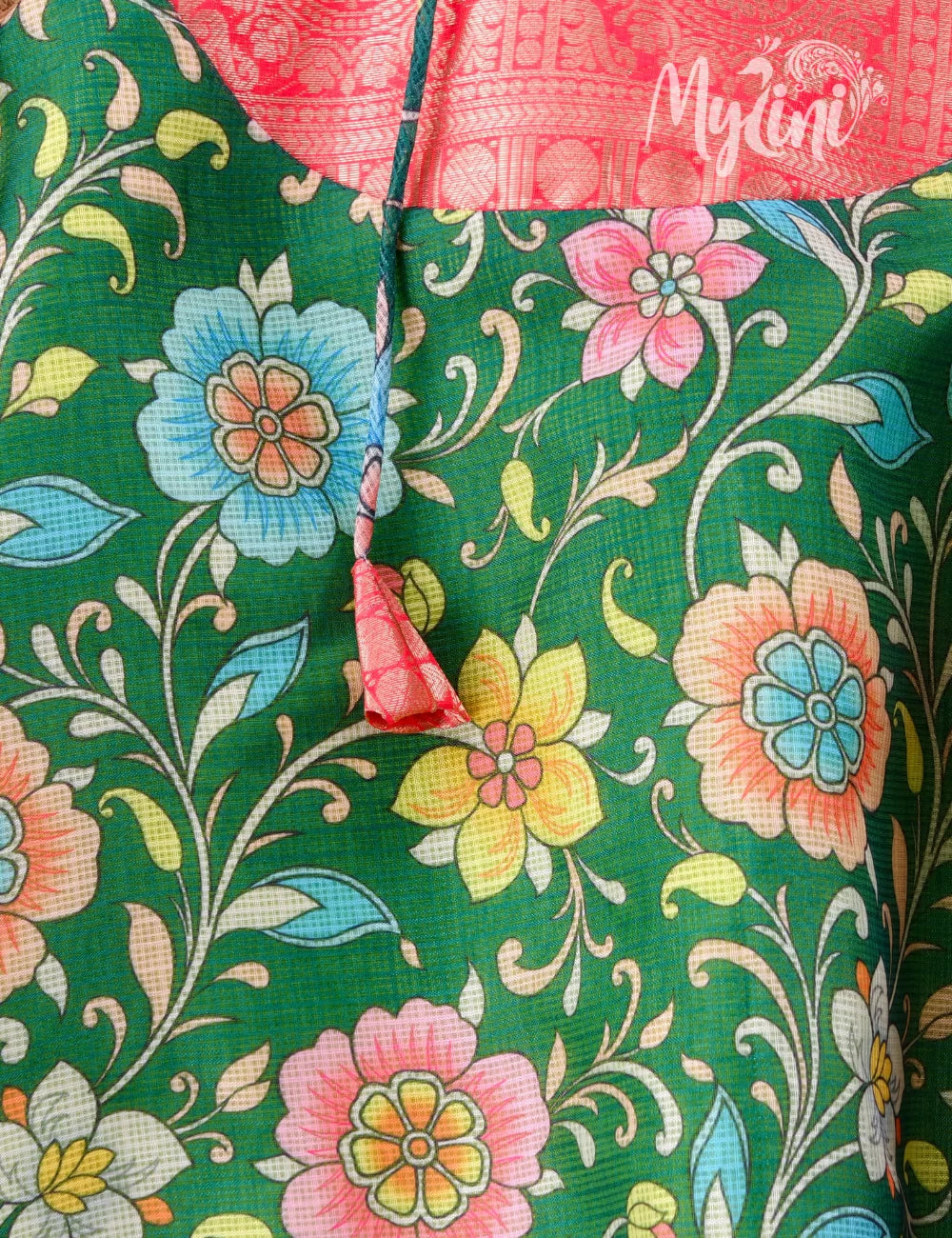 Green Floral Kalamkari Baby Girl Traditional Dress with Kanjivaram Border | Tie-Up Frock - mylini