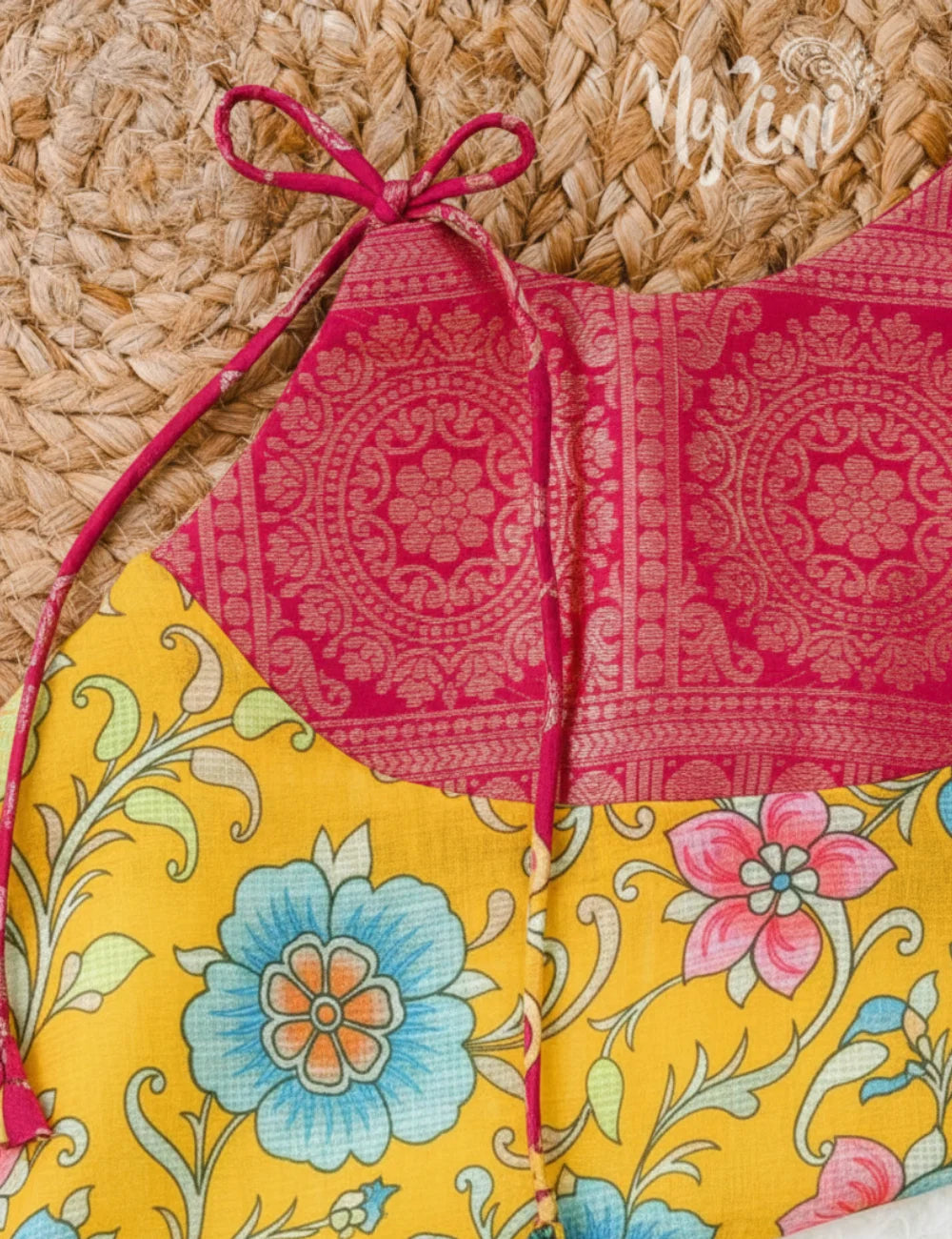 Yellow & Pink Floral Kalamkari Baby Girl Traditional Dress | Kanjivaram Border Tie-Up Frock - mylini