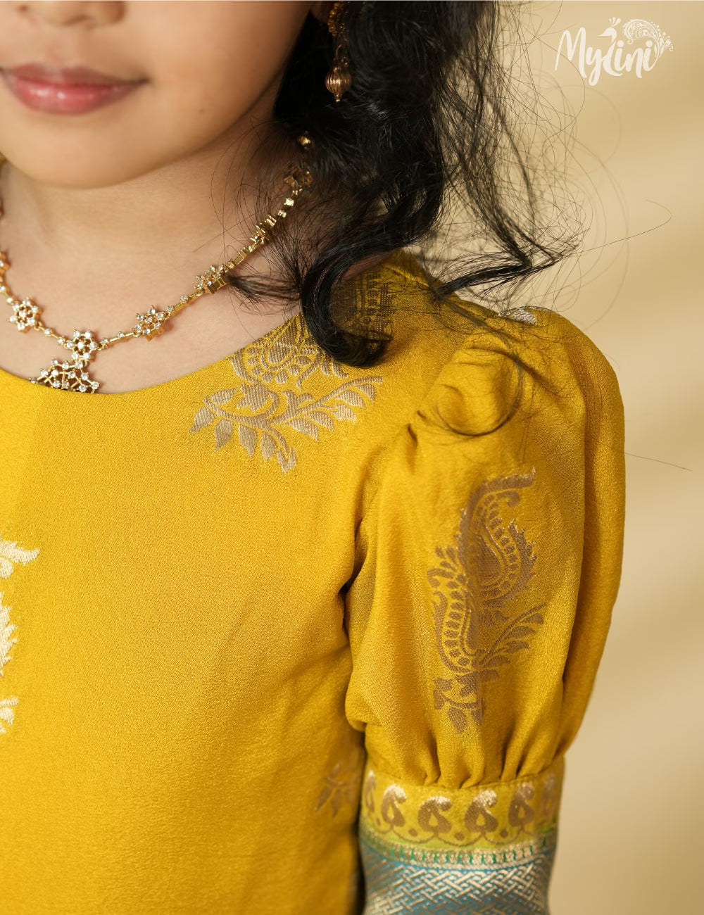 Mysore silk frock - Mustard Yellow and Teal Blue - mylini