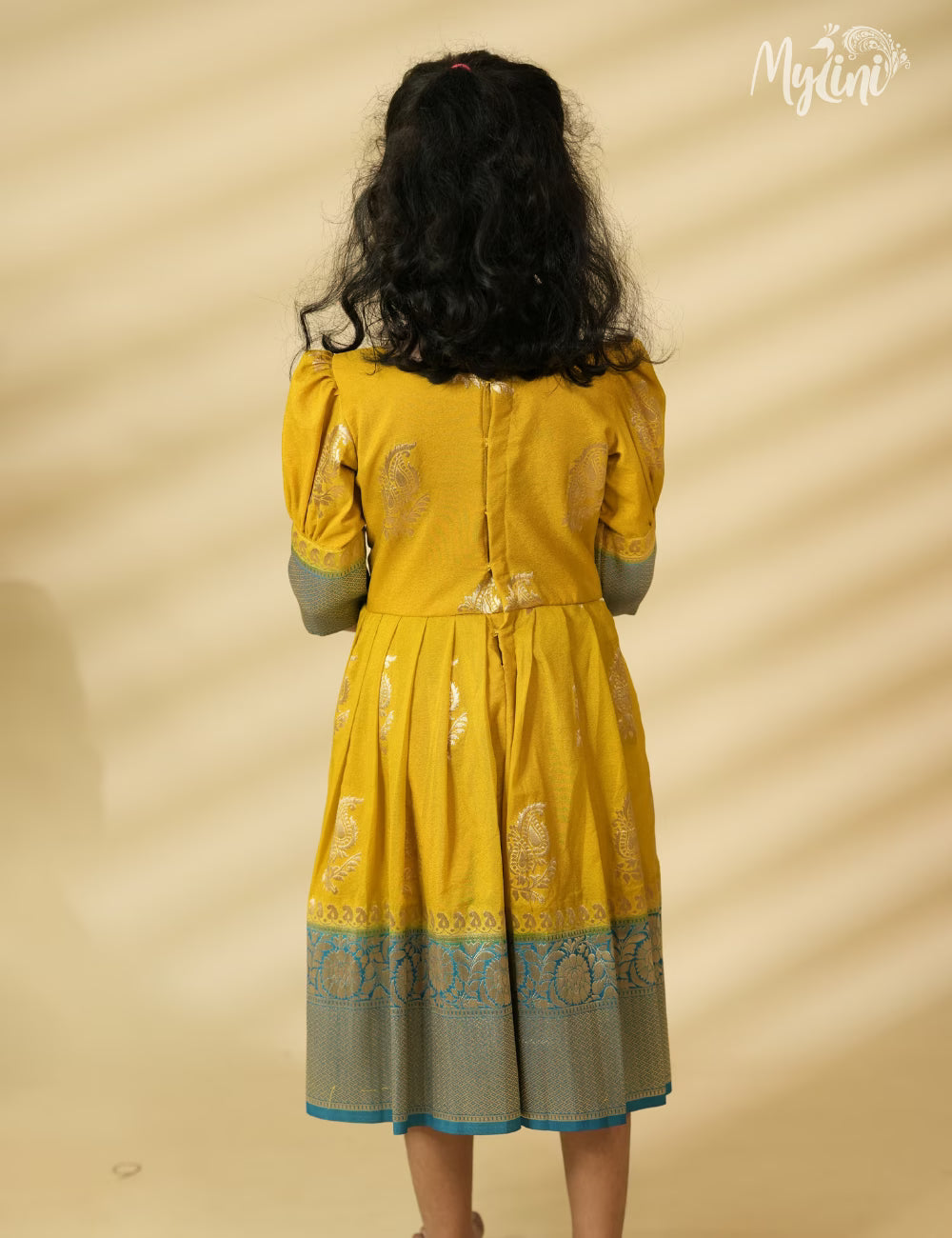 Mysore silk frock - Mustard Yellow and Teal Blue - mylini