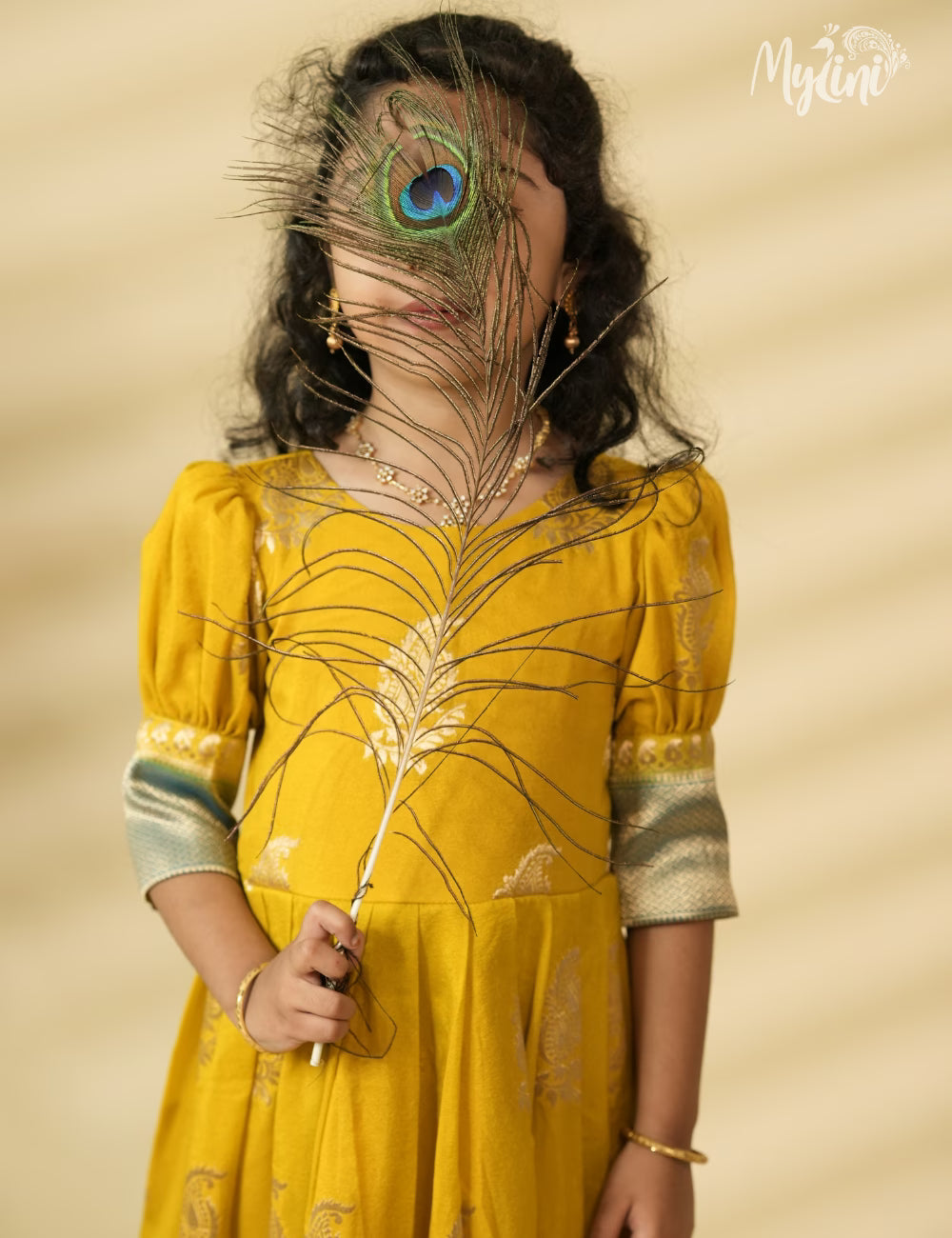 Mysore silk frock - Mustard Yellow and Teal Blue - mylini