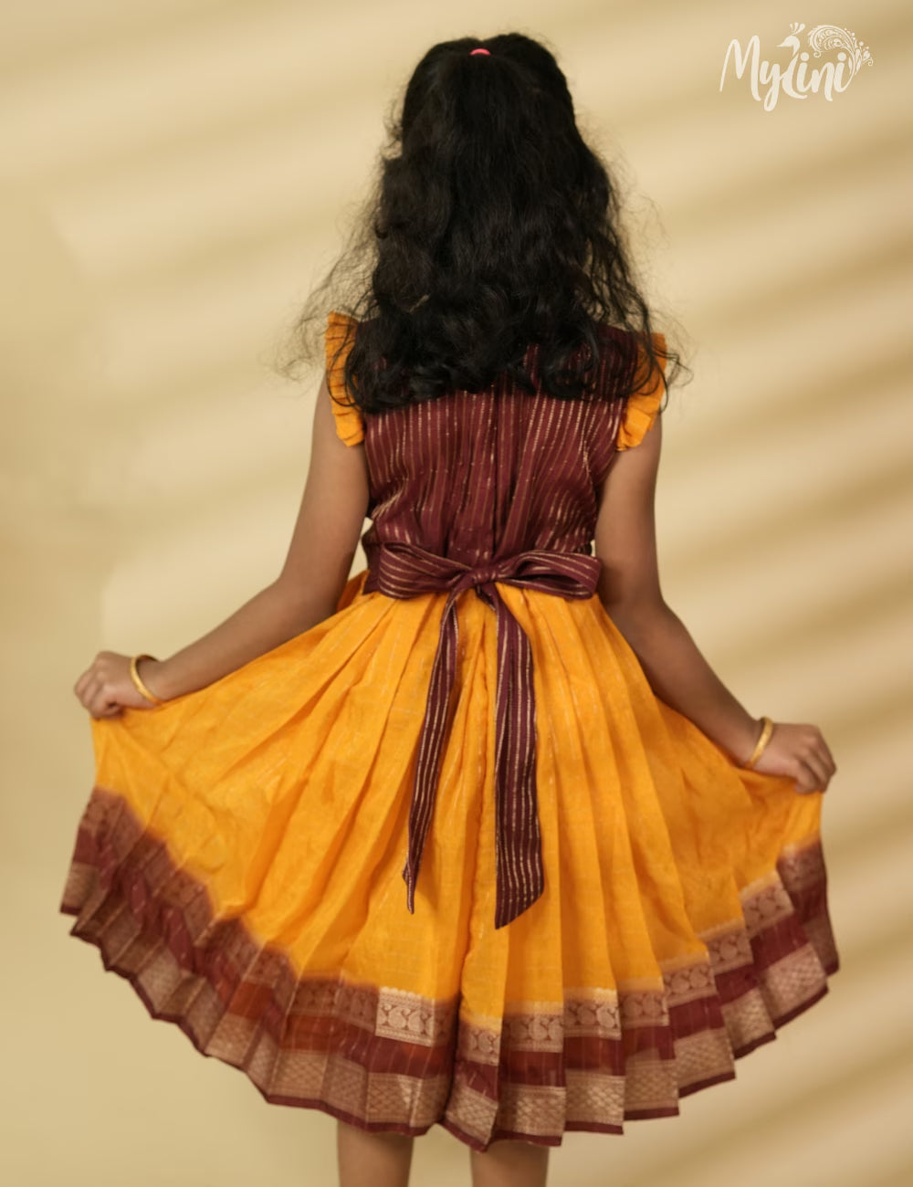Mysore silk frock - Mango Yellow & Maroon - mylini
