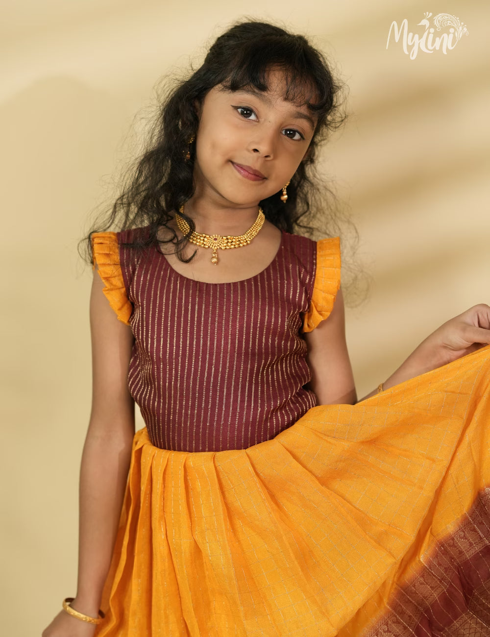 Mysore silk frock - Mango Yellow & Maroon - mylini