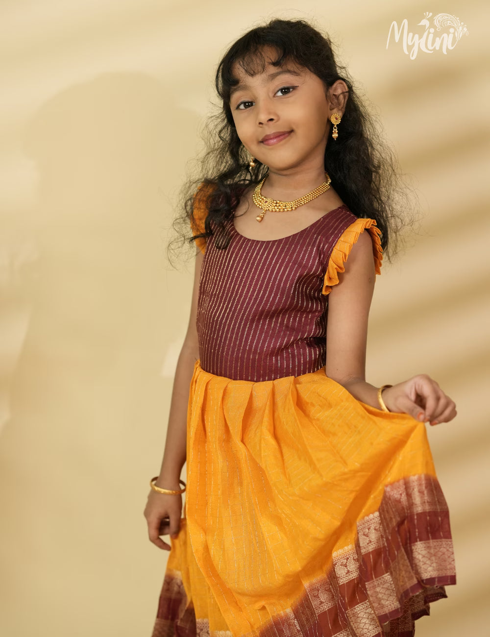 Mysore silk frock - Mango Yellow & Maroon - mylini