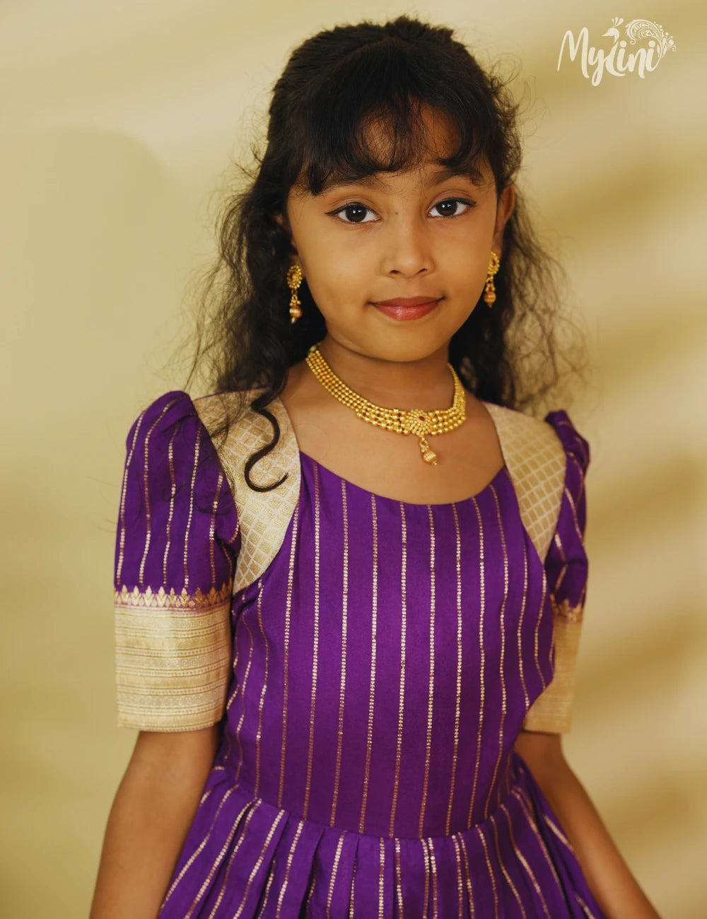 Mysore silk frock - Purple & Gold - mylini