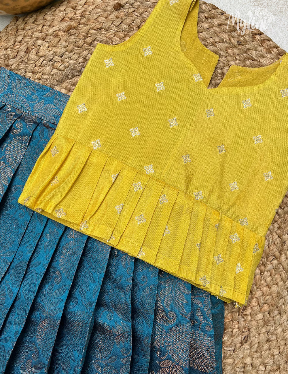 Semi Silk Pattupavadai - Yellow & Blue - mylini