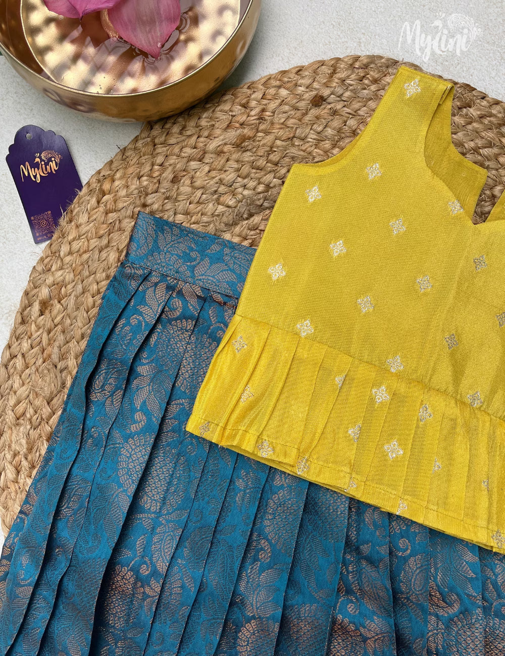 Semi Silk Pattupavadai - Yellow & Blue - mylini