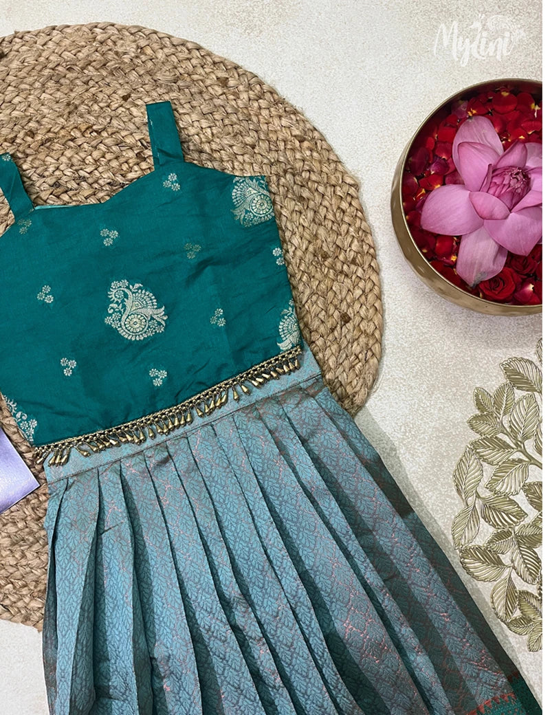 Semi Silk Pattupavadai - Bottle Green Top &amp; Sea Blue Skirt - mylini