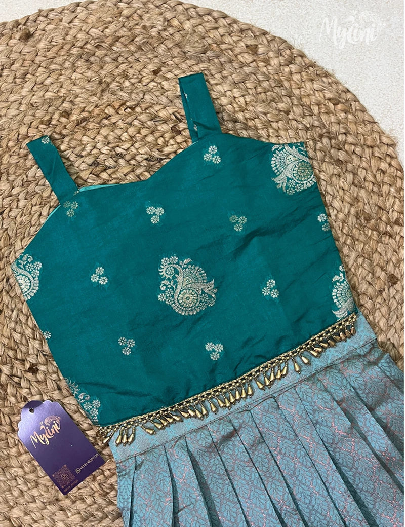 Semi Silk Pattupavadai - Bottle Green Top &amp; Sea Blue Skirt - mylini