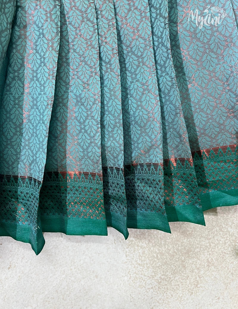 Semi Silk Pattupavadai - Bottle Green Top &amp; Sea Blue Skirt - mylini