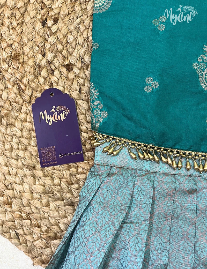 Semi Silk Pattupavadai - Bottle Green Top &amp; Sea Blue Skirt - mylini