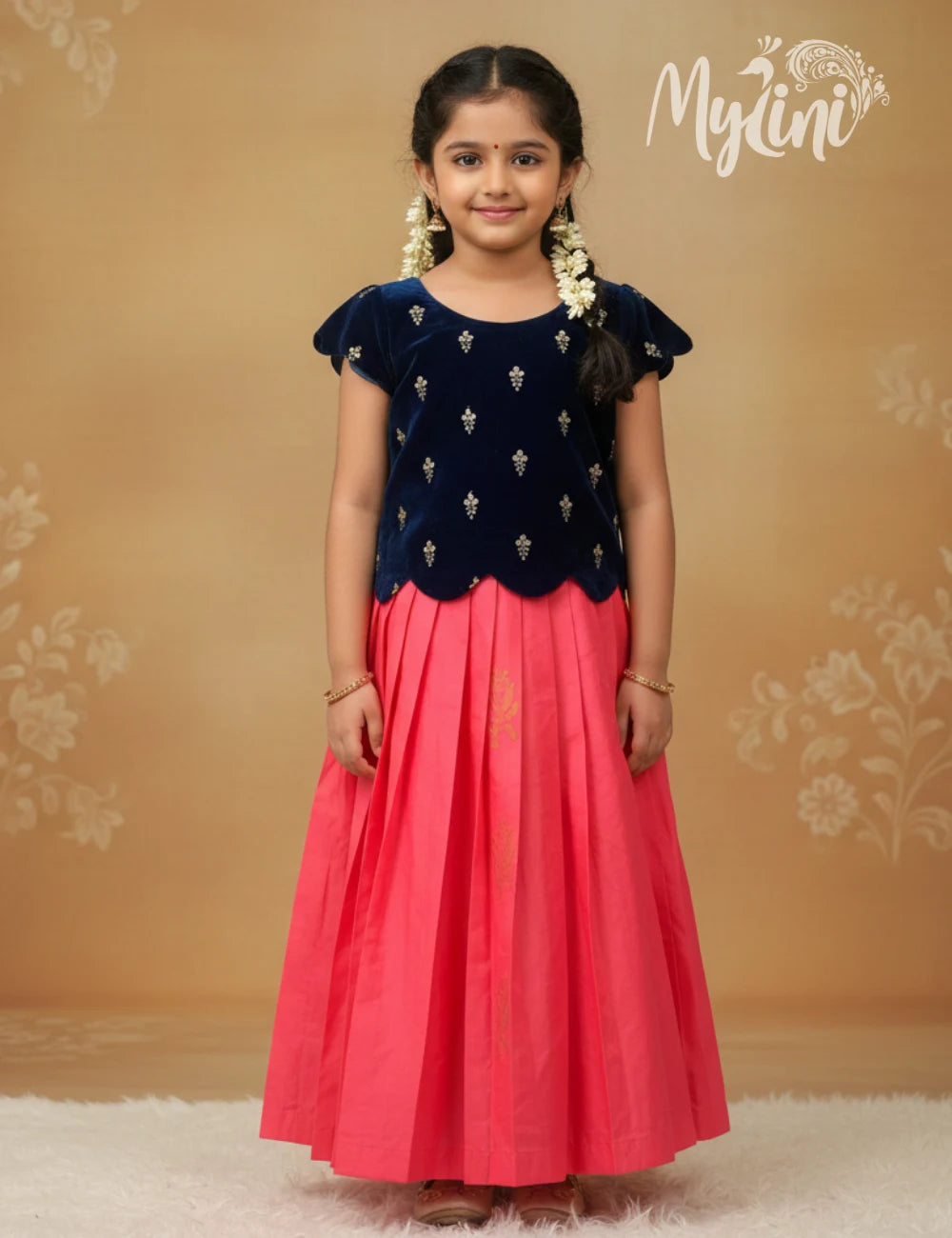 Navy and Peach pattu pavadai set - mylini