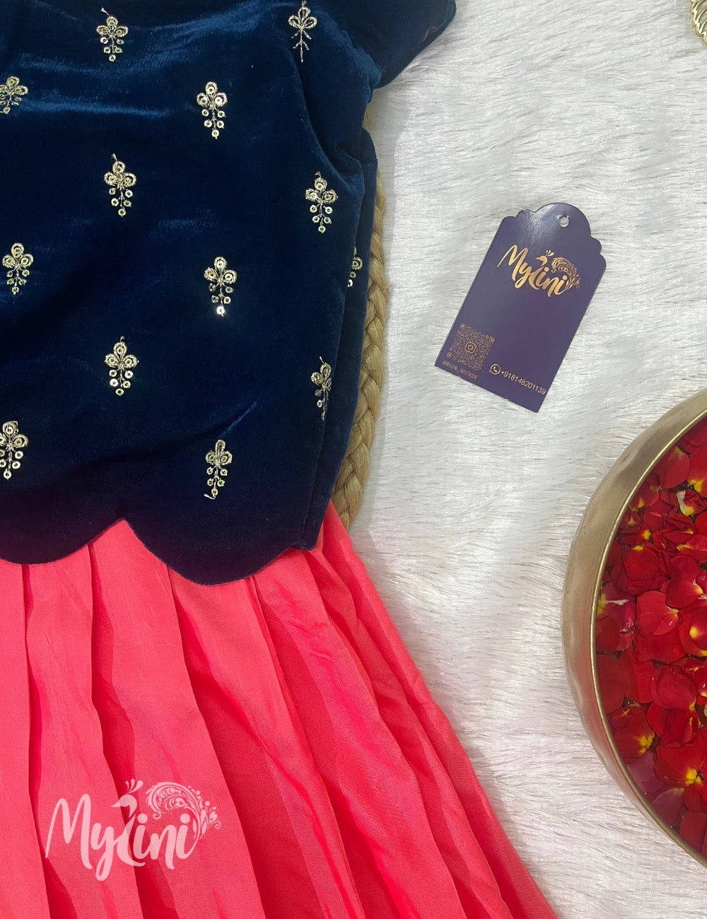 Navy and Peach pattu pavadai set - mylini