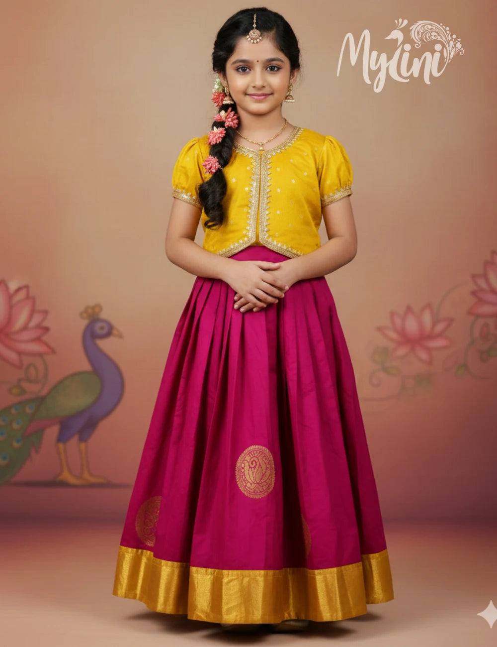 Young girl in a yellow top and pink skirt with gold details against a decorative background.
