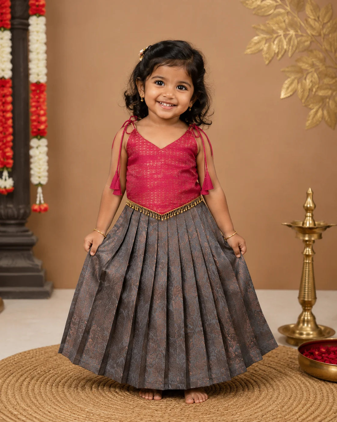 Young girl in a red top and gray skirt standing on a woven mat with decorative background