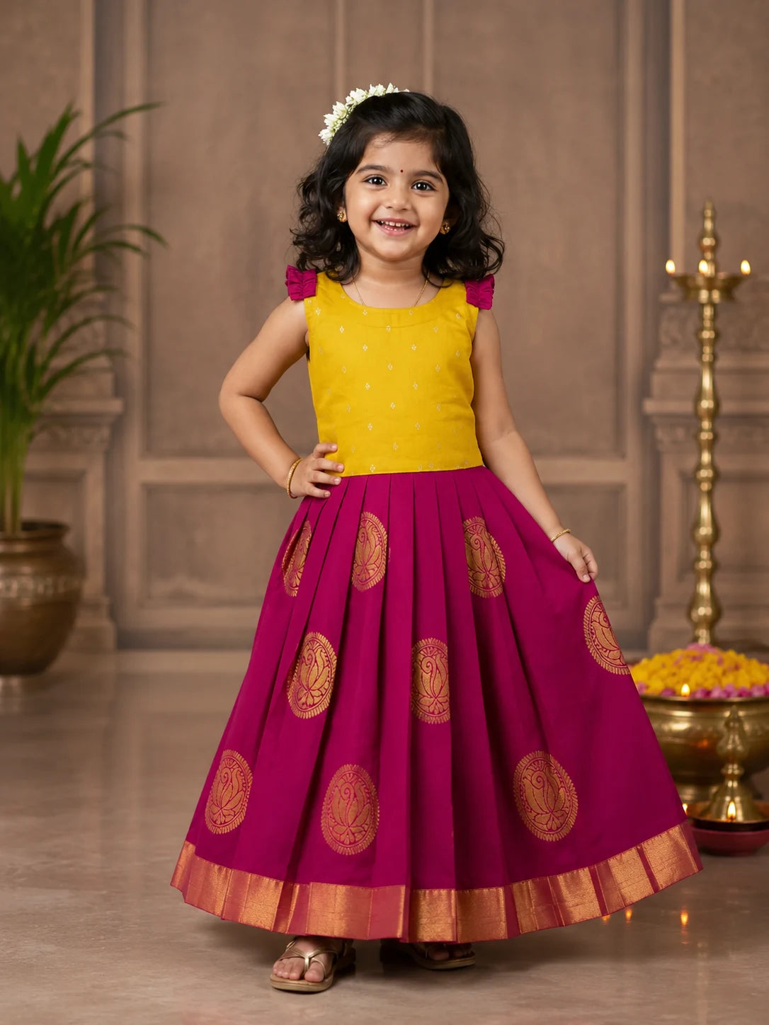 Young girl in a yellow and pink traditional outfit standing indoors with decorative elements.