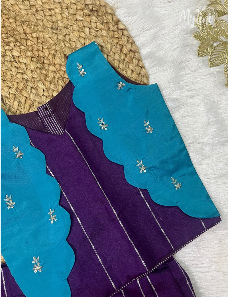 Semi Silk Pattupavadai - Royal Purple & Sky Blue - mylini