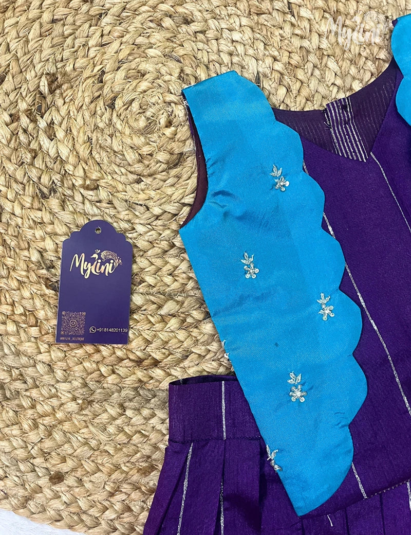 Semi Silk Pattupavadai - Royal Purple & Sky Blue - mylini