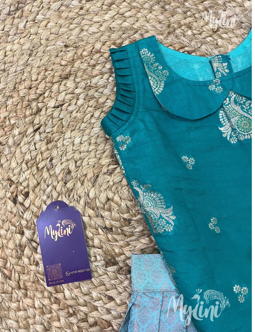 Semi Silk Pattupavadai - Teal Green & Sky Blue - mylini