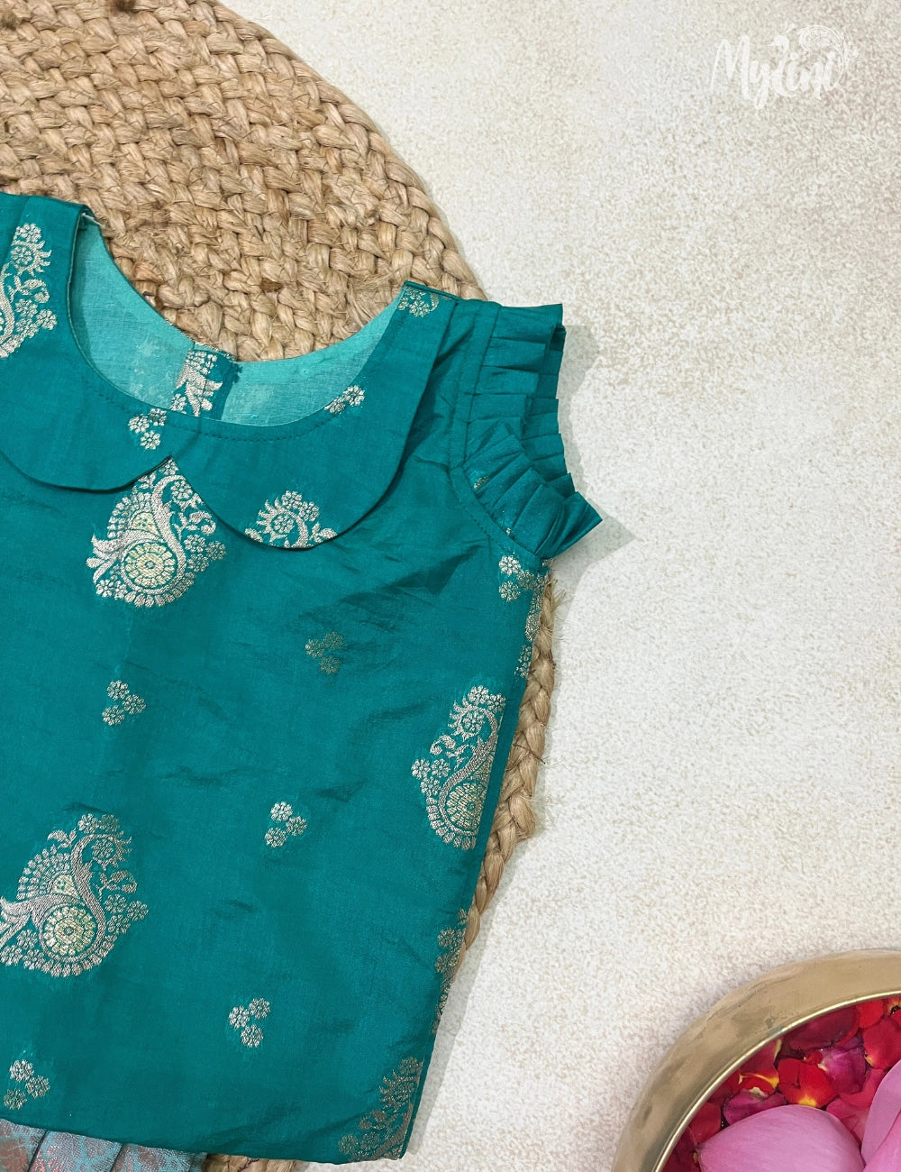 Semi Silk Pattupavadai - Teal Green & Sky Blue - mylini