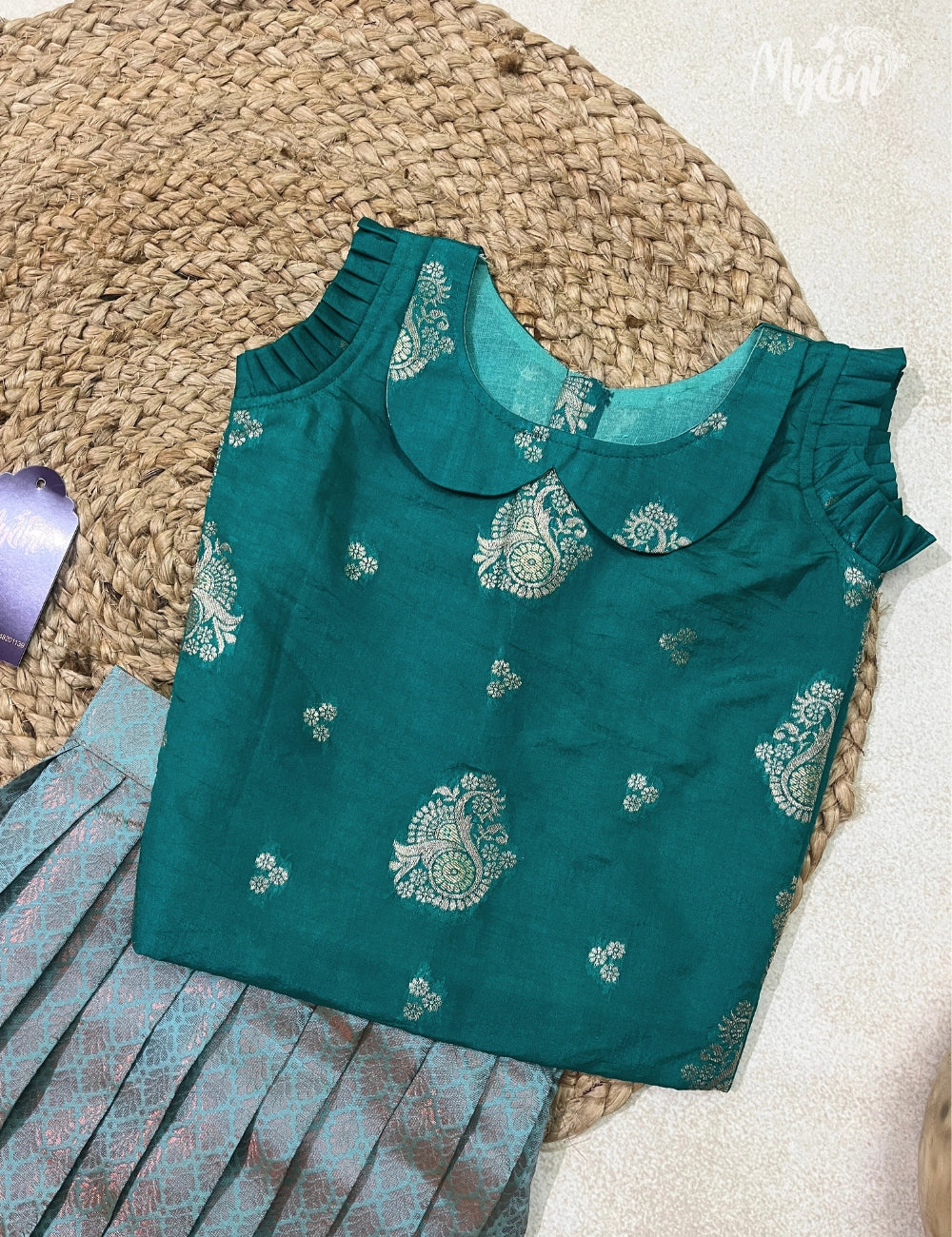 Semi Silk Pattupavadai - Teal Green & Sky Blue - mylini