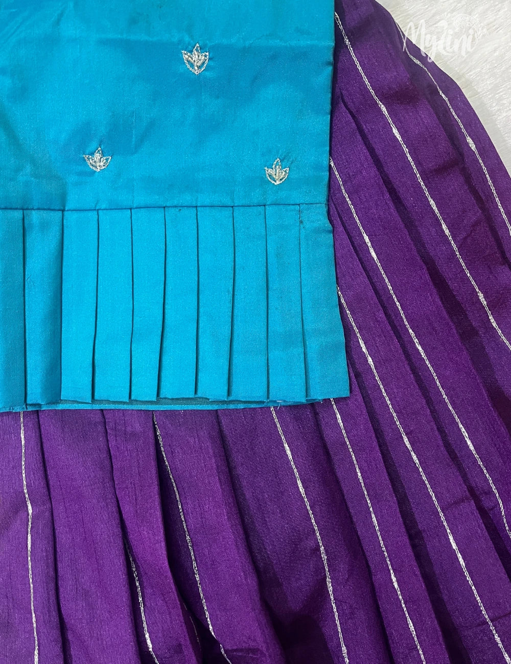 Semi Silk Pattupavadai -  Teal Blue and Royal Purple - mylini