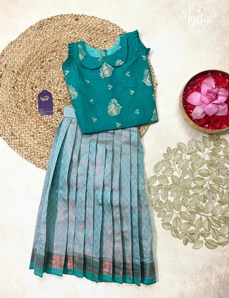Semi Silk Pattupavadai - Teal Green & Sky Blue - mylini