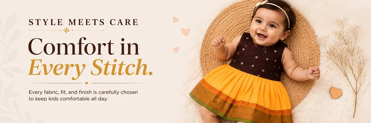 Baby in a brown and orange dress sitting on a woven mat with text about comfort and style.1621243260e1af0c20-0